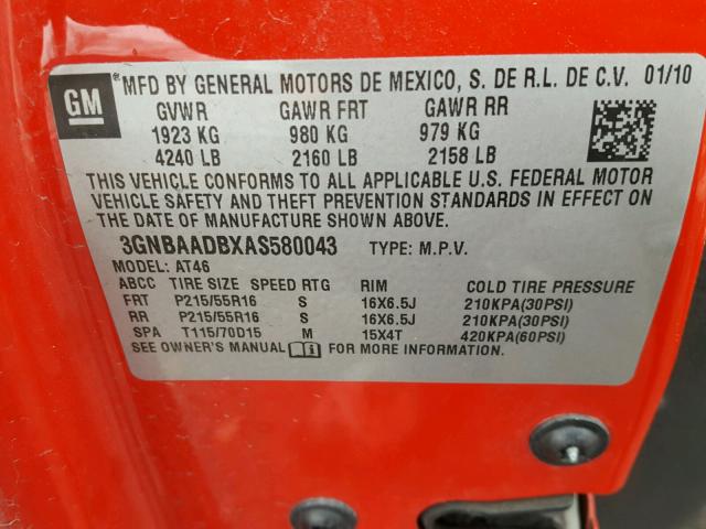 3GNBAADBXAS580043 - 2010 CHEVROLET HHR LS RED photo 10