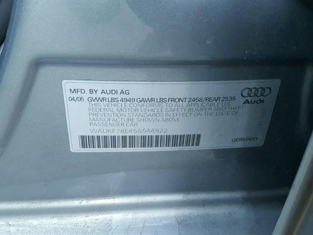 WAUKF78E45A544922 - 2005 AUDI A4 2.0T AV GRAY photo 10