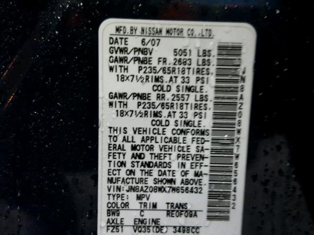 JN8AZ08WX7W656432 - 2007 NISSAN MURANO SL BLUE photo 10