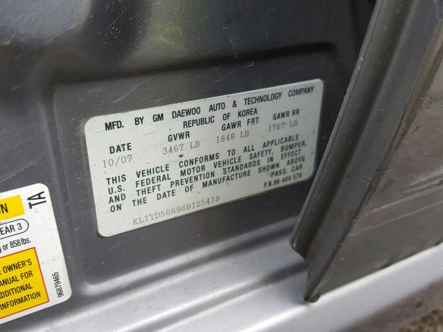 KL1TD56698B125418 - 2008 CHEVROLET AVEO BASE Сұр фото 10
