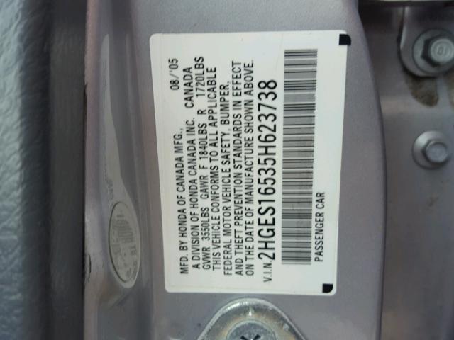 2HGES16535H623738 - 2005 HONDA CIVIC LX SILVER photo 10