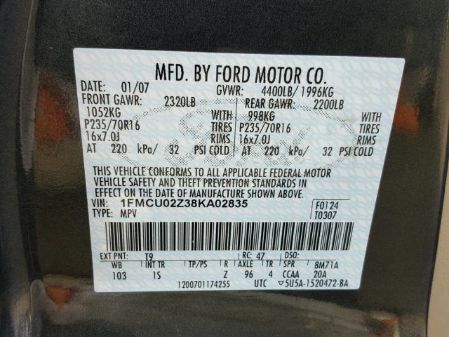 1FMCU02Z38KA02835 - 2008 FORD ESCAPE XLS BLUE photo 10