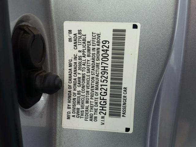 2HGFG21529H700429 - 2009 HONDA CIVIC SI SILVER photo 10