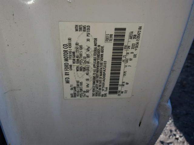 1FTKR1AD0BPA72333 - 2011 FORD RANGER WHITE photo 10