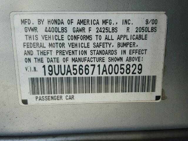 19UUA56671A005829 - 2001 ACURA 3.2TL SILVER photo 10