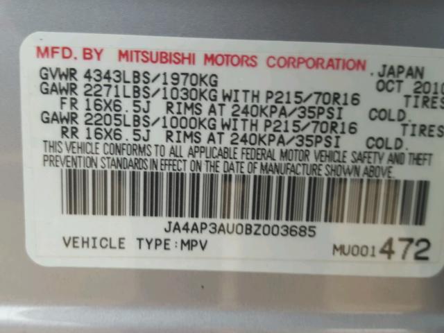 JA4AP3AU0BZ003685 - 2011 MITSUBISHI OUTLANDER SILVER photo 10