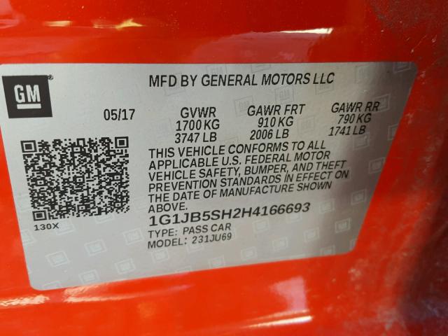 1G1JB5SH2H4166693 - 2017 CHEVROLET SONIC LS 红色 照片 10