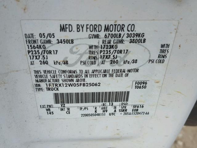 1FTRX12W05FB25062 - 2005 FORD F150 WHITE photo 10