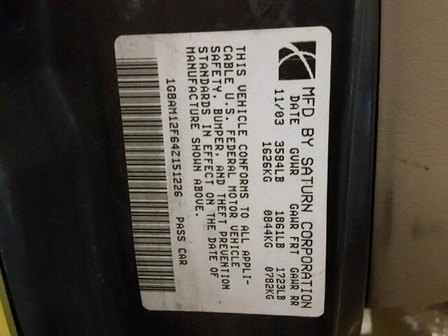 1G8AM12F64Z151226 - 2004 SATURN ION LEVEL GREEN photo 10