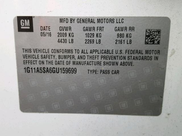 1G11A5SA6GU159699 - 2016 CHEVROLET MALIBU LIM WHITE photo 10