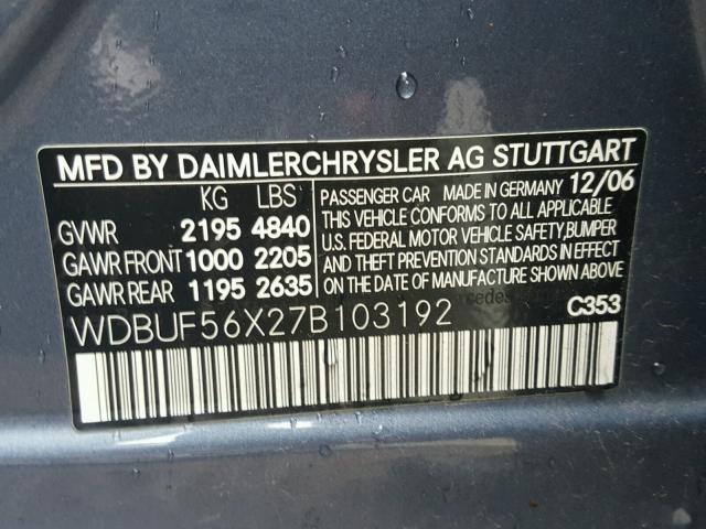 WDBUF56X27B103192 - 2007 MERCEDES-BENZ E 350 BLUE photo 10