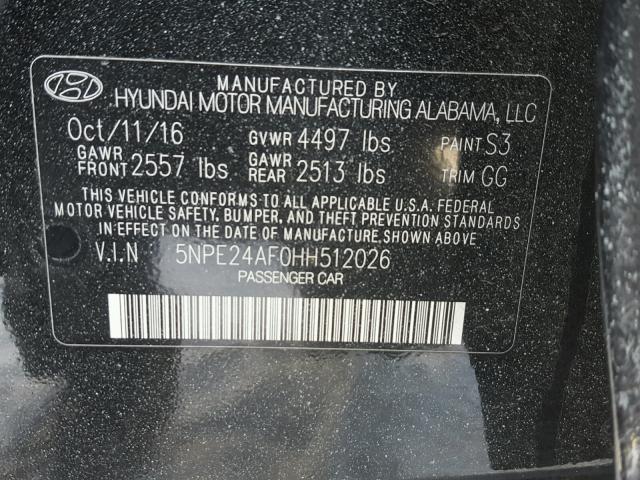 5NPE24AF0HH512026 - 2017 HYUNDAI SONATA SE BLACK photo 10