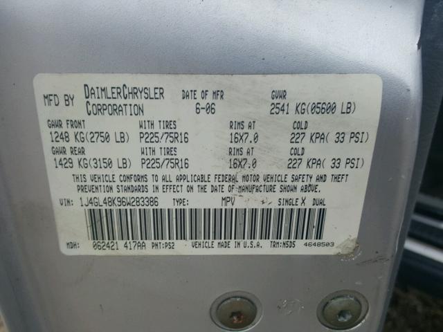 1J4GL48K96W283386 - 2006 JEEP LIBERTY SP SILVER photo 10