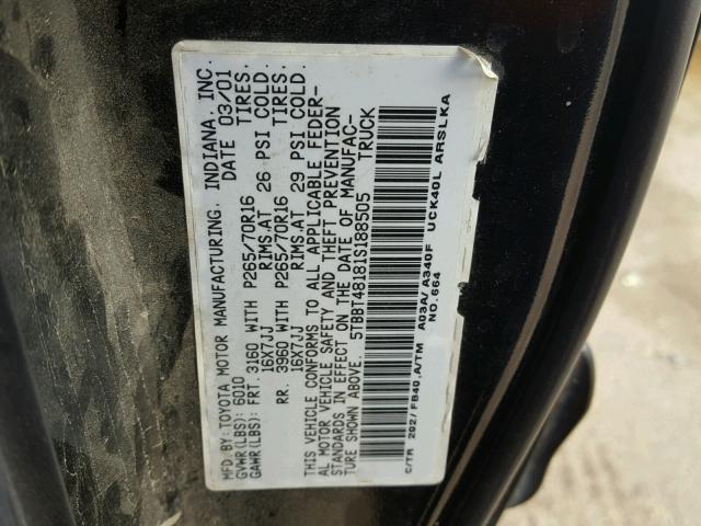 5TBBT48181S188505 - 2001 TOYOTA TUNDRA ACC BLACK photo 10