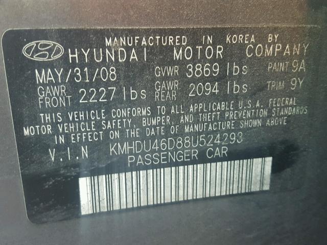 KMHDU46D88U524293 - 2008 HYUNDAI ELANTRA GL GRAY photo 10