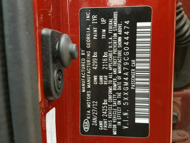 5XXGM4A79CG044474 - 2012 KIA OPTIMA LX RED photo 10