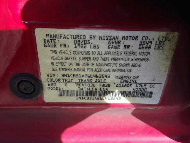 3N1CB51A26L463543 - 2006 NISSAN SENTRA 1.8 RED photo 10