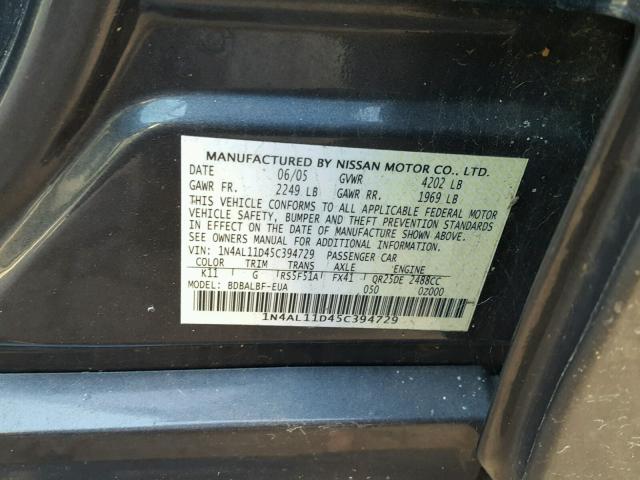 1N4AL11D45C394729 - 2005 NISSAN ALTIMA S GRAY photo 10