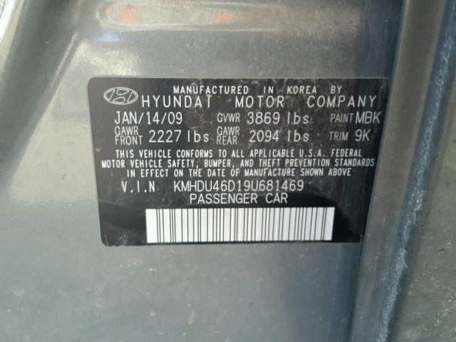 KMHDU46D19U681469 - 2009 HYUNDAI ELANTRA GL GRAY photo 10