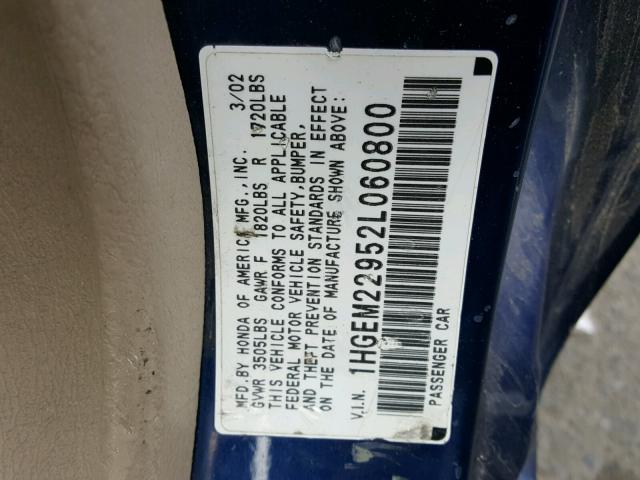 1HGEM22952L060800 - 2002 HONDA CIVIC EX BLUE photo 10