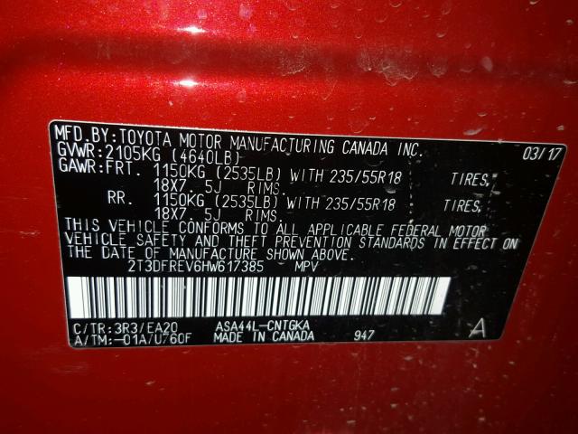 2T3DFREV6HW617385 - 2017 TOYOTA RAV4 LIMIT RED photo 10
