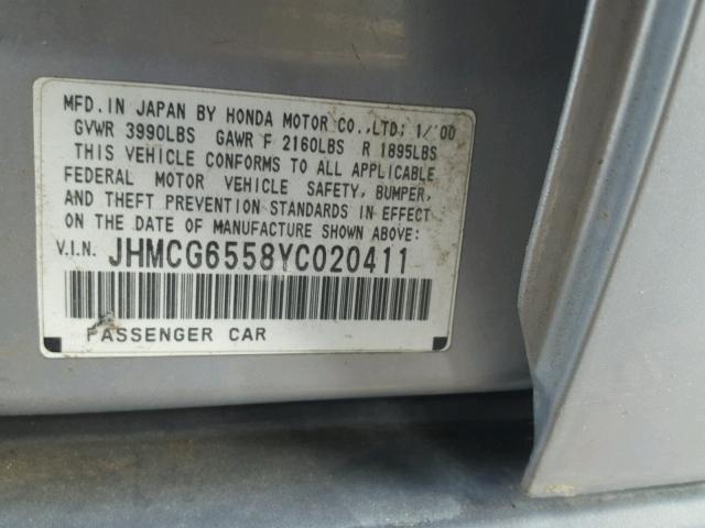 JHMCG6558YC020411 - 2000 HONDA ACCORD LX SILVER photo 10