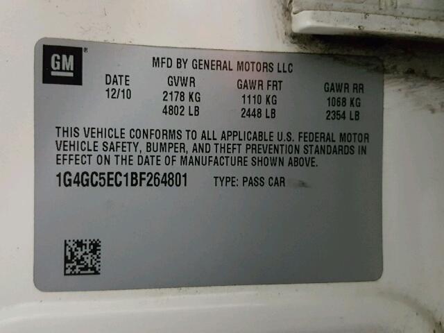 1G4GC5EC1BF264801 - 2011 BUICK LACROSSE C WHITE photo 10