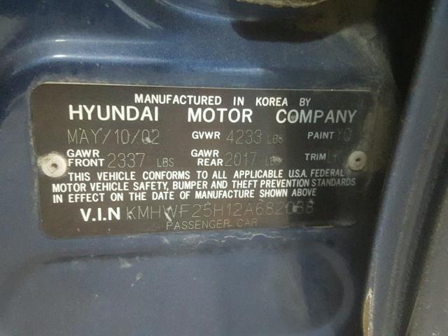 KMHWF25H12A682088 - 2002 HYUNDAI SONATA GL BLUE photo 10