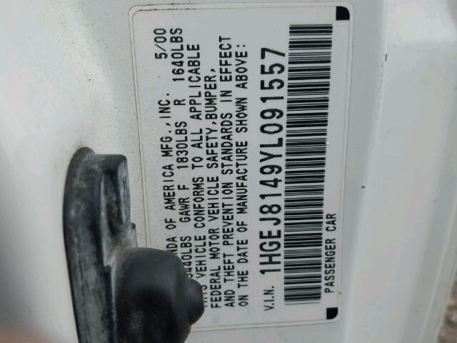 1HGEJ8149YL091557 - 2000 HONDA CIVIC EX WHITE photo 10