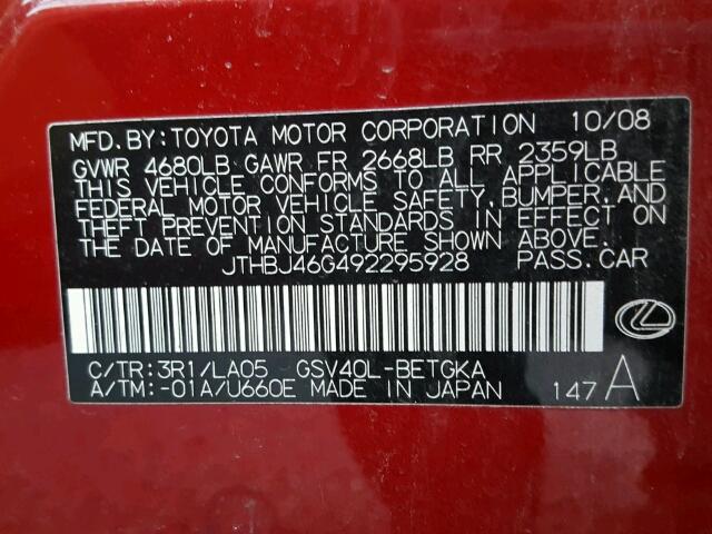 JTHBJ46G492295928 - 2009 LEXUS ES 350 RED photo 10