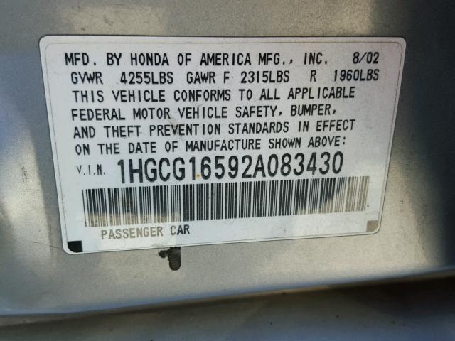 1HGCG16592A083430 - 2002 HONDA ACCORD EX SILVER photo 10