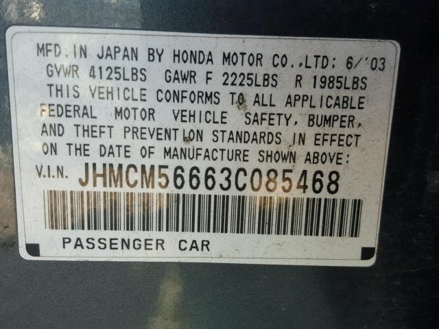 JHMCM56663C085468 - 2003 HONDA ACCORD EX GRAY photo 10