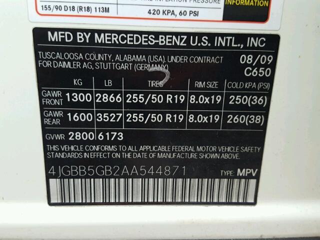 4JGBB5GB2AA544871 - 2010 MERCEDES-BENZ ML 350 WHITE photo 10