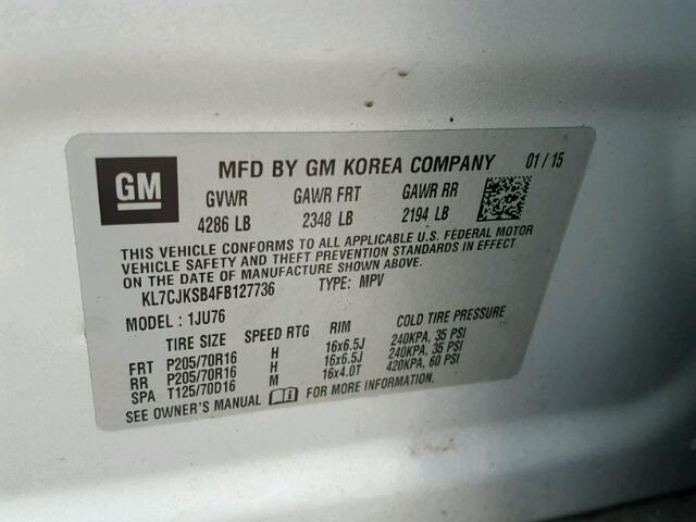 KL7CJKSB4FB127736 - 2015 CHEVROLET TRAX LS SILVER photo 10