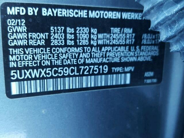 5UXWX5C59CL727519 - 2012 BMW X3 XDRIVE2 GRAY photo 10