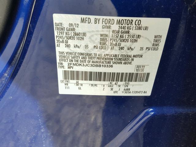 2FMDK3JC3DBB10336 - 2013 FORD EDGE BLUE photo 10