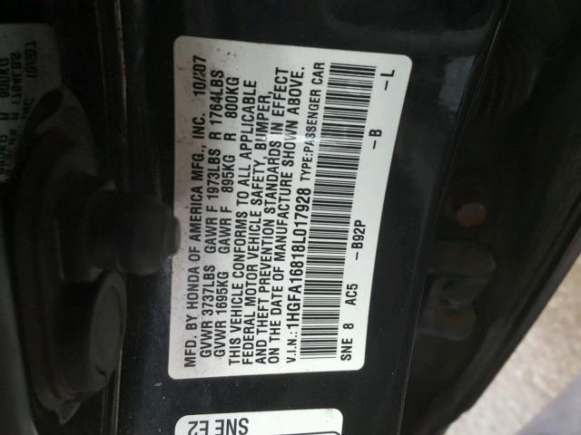 1HGFA16818L017928 - 2008 HONDA CIVIC EX BLACK photo 10