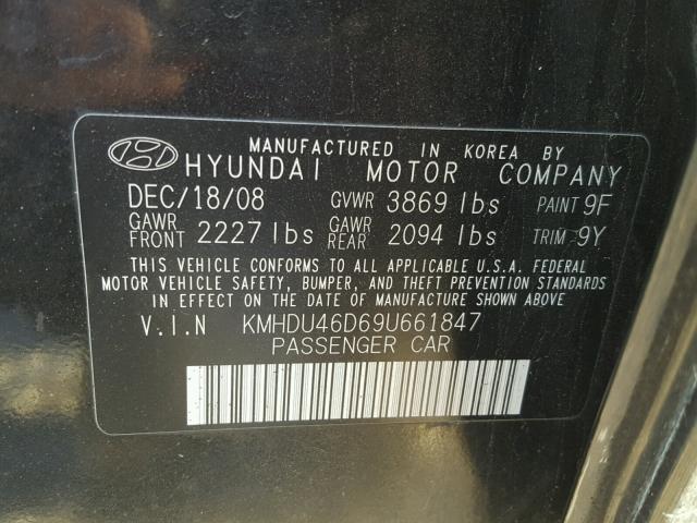 KMHDU46D69U661847 - 2009 HYUNDAI ELANTRA GL BLACK photo 10