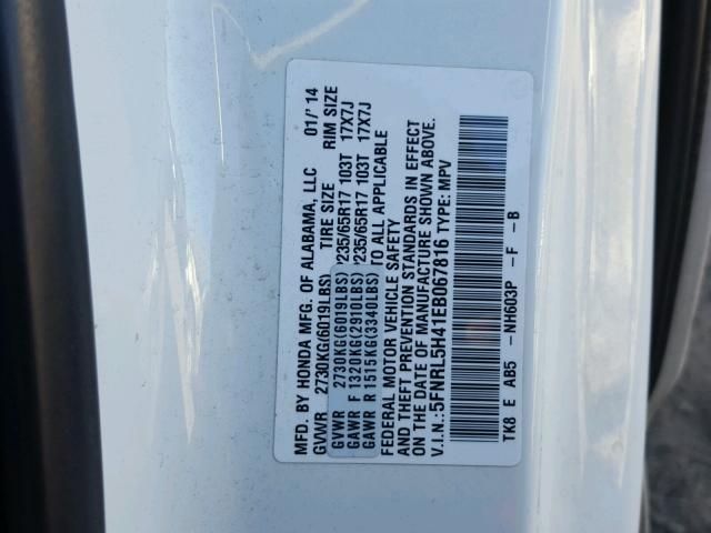 5FNRL5H41EB067816 - 2014 HONDA ODYSSEY EX WHITE photo 10