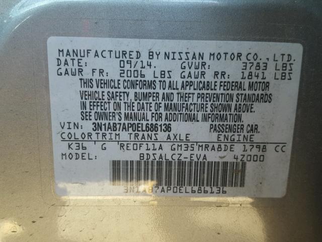 3N1AB7AP0EL686136 - 2014 NISSAN SENTRA S SILVER photo 10