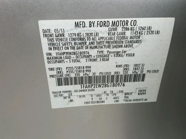 1FAHP2EW2BG180976 - 2011 FORD TAURUS SEL GRAY photo 10