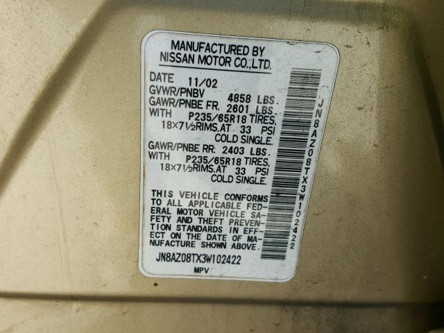 JN8AZ08TX3W102422 - 2003 NISSAN MURANO SL GOLD photo 10