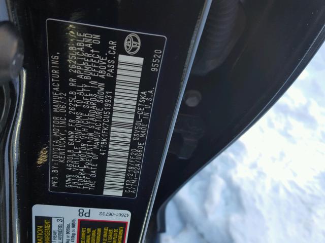 4T1BK1FK7CU519931 - 2012 TOYOTA CAMRY SE BLACK photo 10