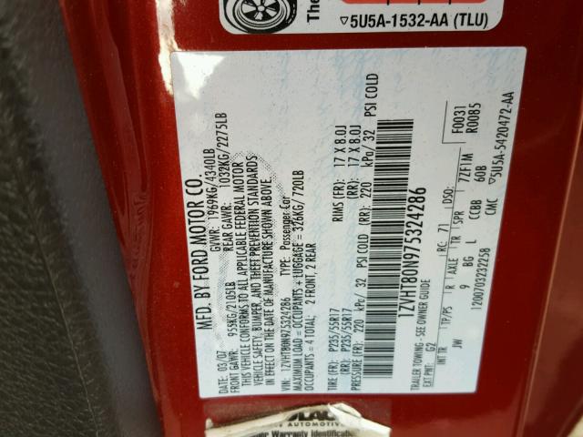 1ZVHT80N975324286 - 2007 FORD MUSTANG RED photo 10