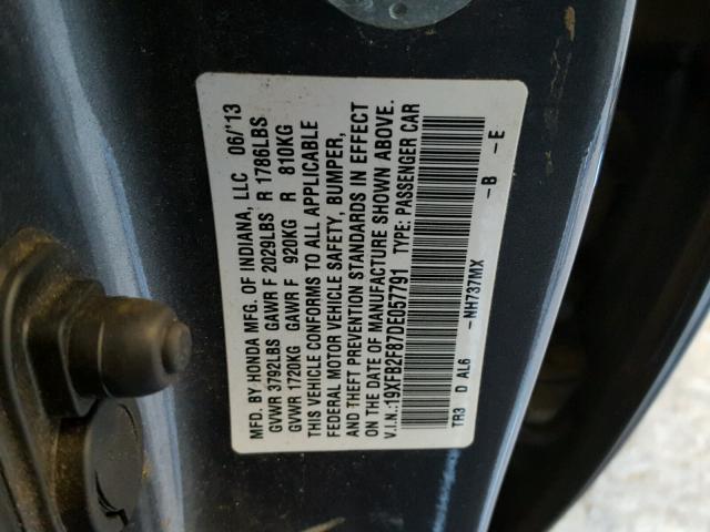 19XFB2F87DE057791 - 2013 HONDA CIVIC EX ნაცრისფერი ფოტო 10