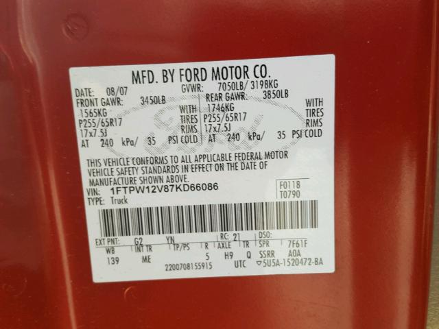 1FTPW12V87KD66086 - 2007 FORD F150 SUPER RED photo 10