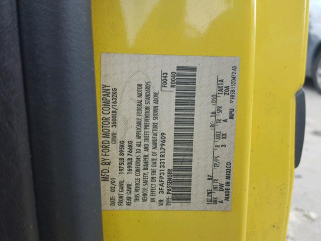 3FAFP31331R179609 - 2001 FORD FOCUS ZX3 YELLOW photo 10
