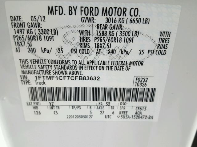 1FTMF1CF7CFB83632 - 2012 FORD F150 WHITE photo 10