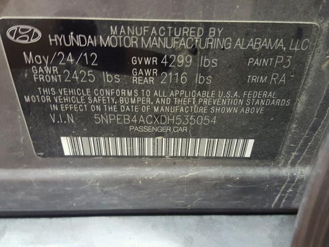 5NPEB4ACXDH535054 - 2013 HYUNDAI SONATA GLS GRAY photo 10