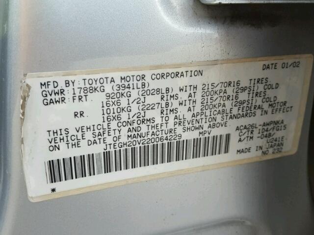 JTEGH20V220064229 - 2002 TOYOTA RAV4 SILVER photo 10